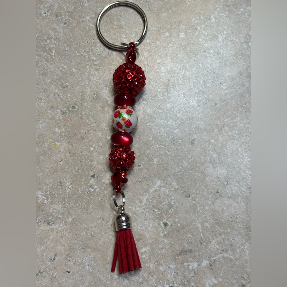 Red Beaded Strawberry Tassel Keychain